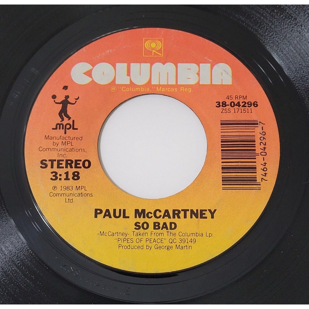 Paul McCartney 45 RPM So Bad / Pipes Of Peace - Columbia VG+ Rock '83